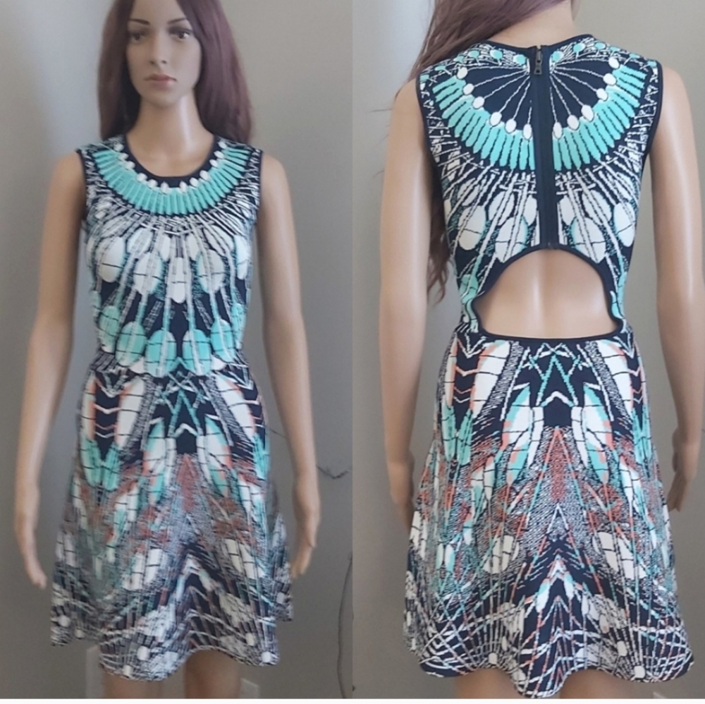 BCBGMaxazria dress XXS blue green tapestry skater cutout back knit fit and flare